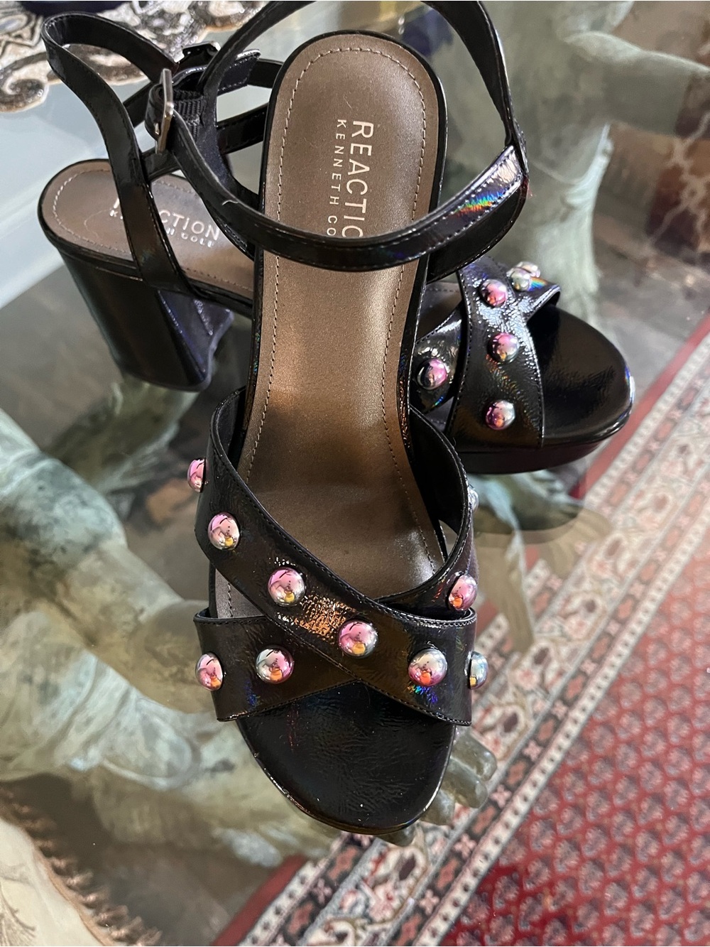 Reaction Kenneth Cole Black Heeled Sandals with Pink Iridescent Studs
